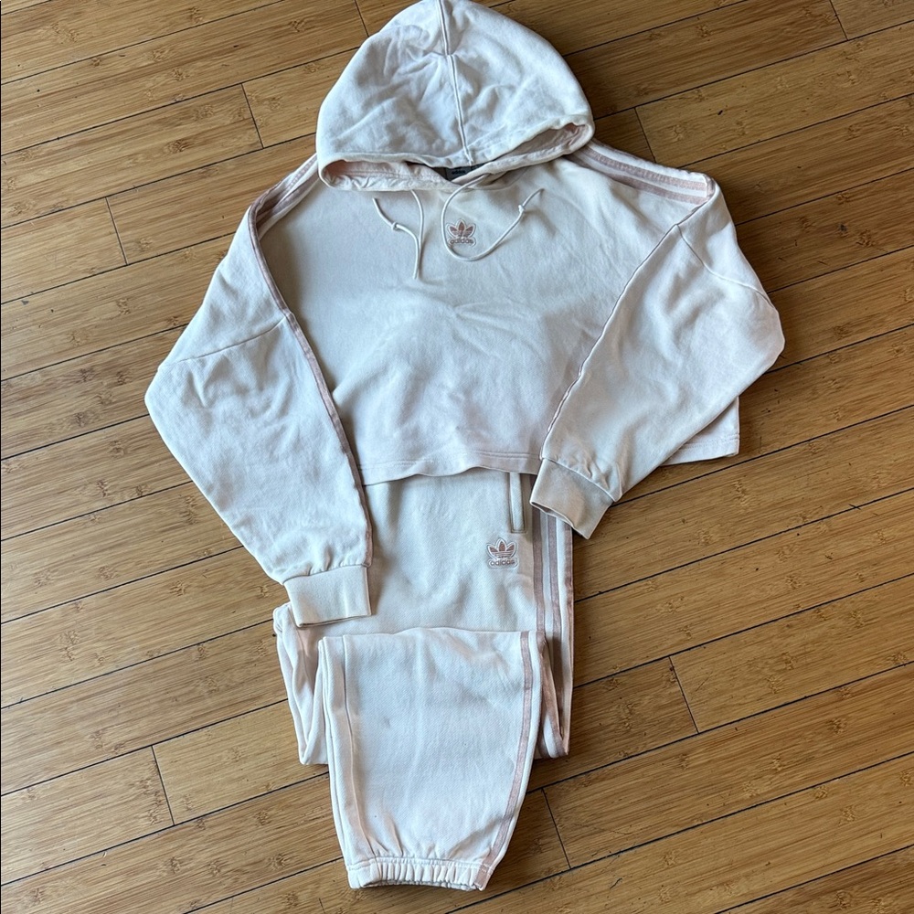 adidas Cream Cropped Hoodie and Joggers Loungewear Set